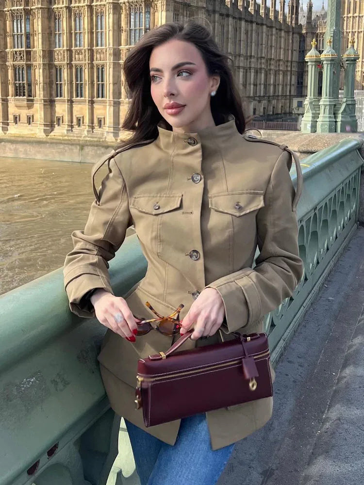 HH Woman Casual Autumn Jacket - Women's Jacket with Long Sleeves, High Neck, Pockets, Single Breasted Design 0