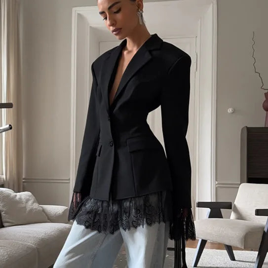 KIDCRKJ Women's Coat Lace Spring Solid Color Suit Collar Spliced Single Breasted Elegant Outwear Jacket 1