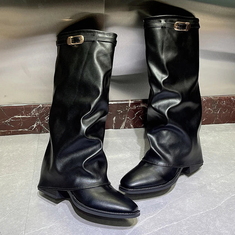 Knee High Women's Black Boots - High Heels Chunky Winter Fashion 2025 0