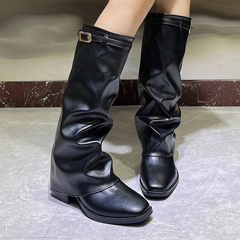 Knee High Women's Black Boots - High Heels Chunky Winter Fashion 2025 1