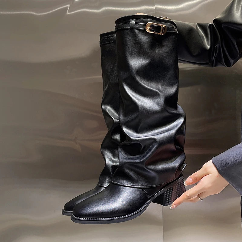 Knee High Women's Black Boots - High Heels Chunky Winter Fashion 2025 2