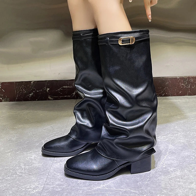 Knee High Women's Black Boots - High Heels Chunky Winter Fashion 2025 3