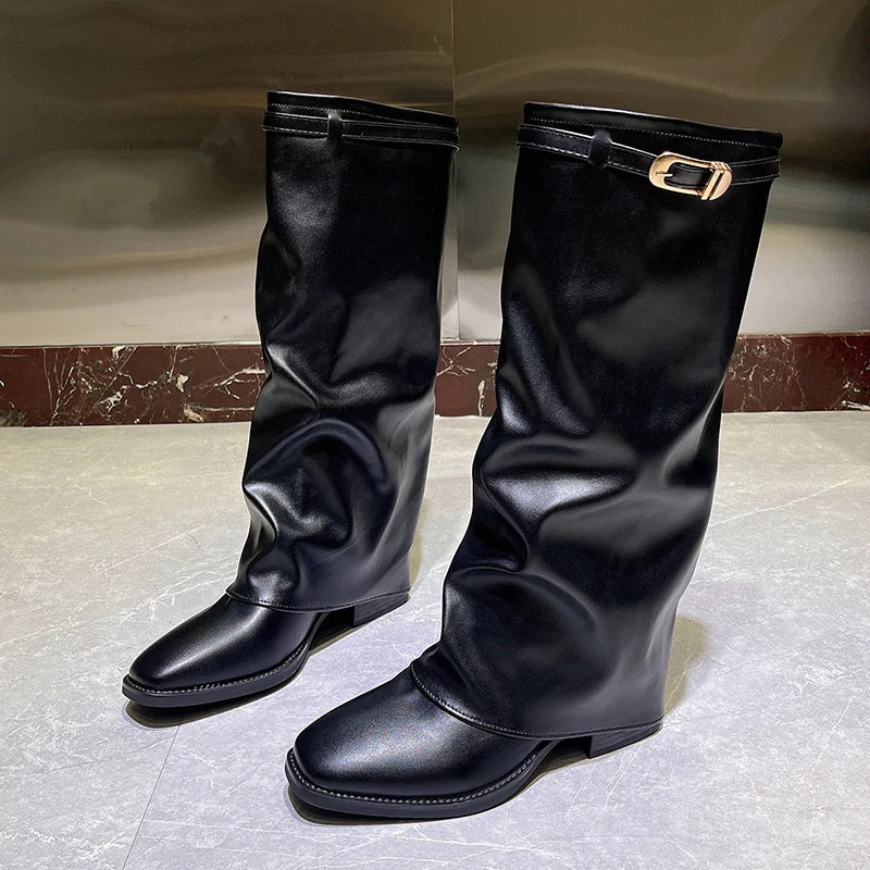 Knee High Women's Black Boots - High Heels Chunky Winter Fashion 2025 4