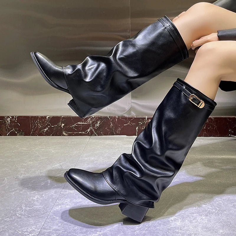 Knee High Women's Black Boots - High Heels Chunky Winter Fashion 2025 6