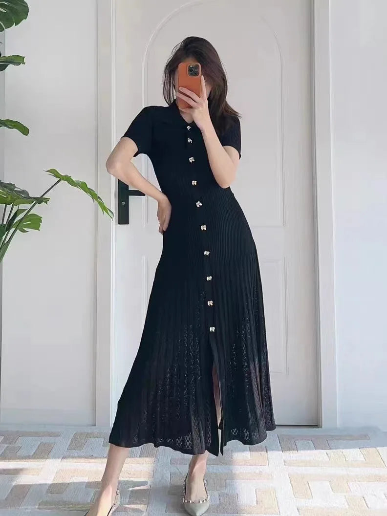 Beatrice Turn-Down Collar Knit Maxi Dress