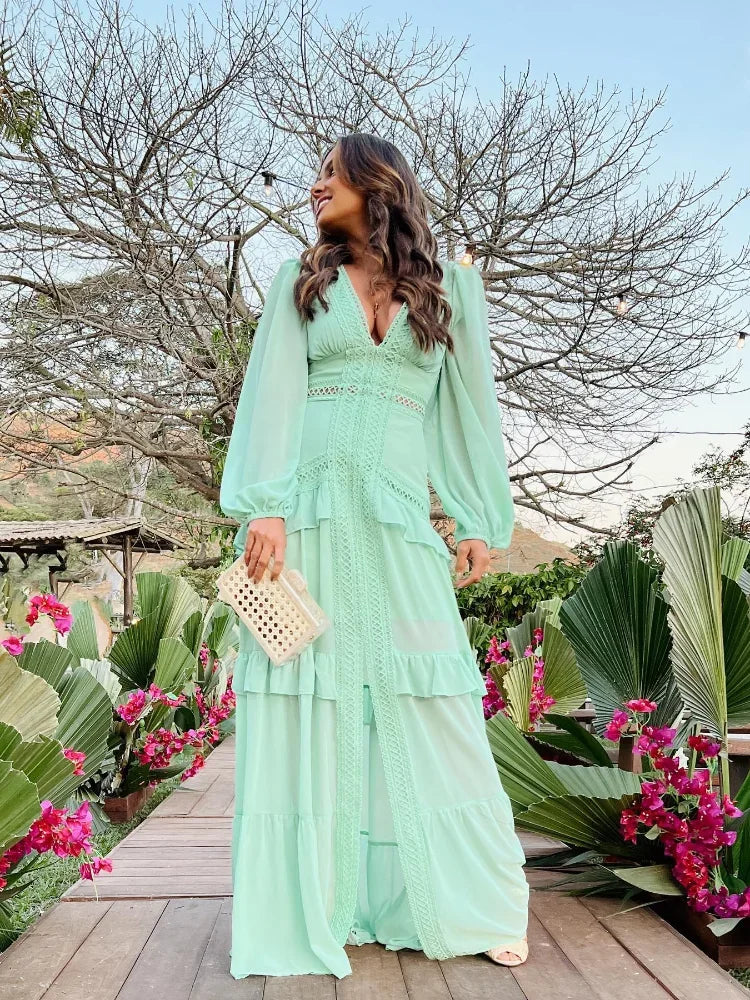 Molly Deep V-Neck Ruffle Maxi Dress