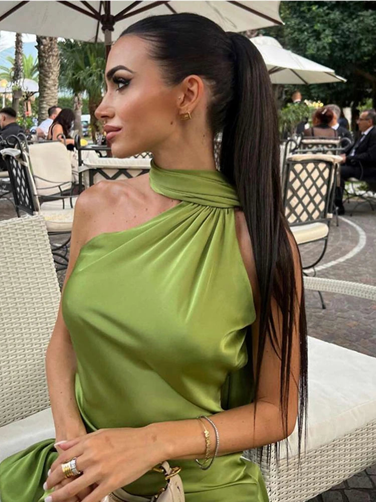 Sukienka Yanna satynowa, halter, odkryte plecy