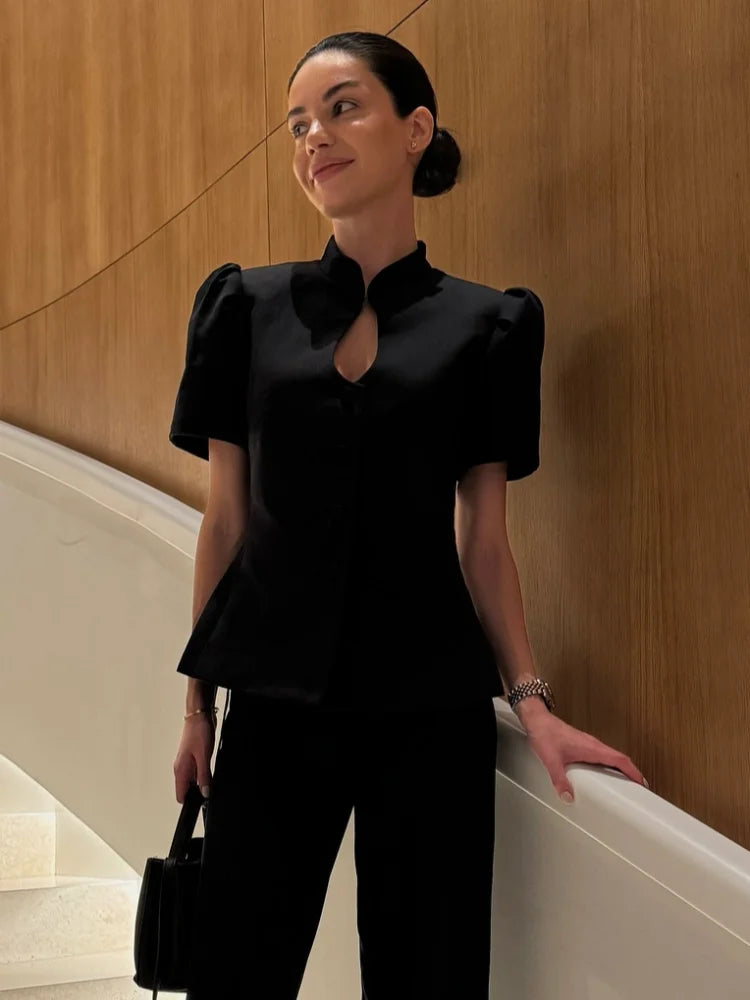 Women's Black Blazer - Fashion Solid Stand Collar Slim Fit Casual Lantern Sleeve Jacket 1