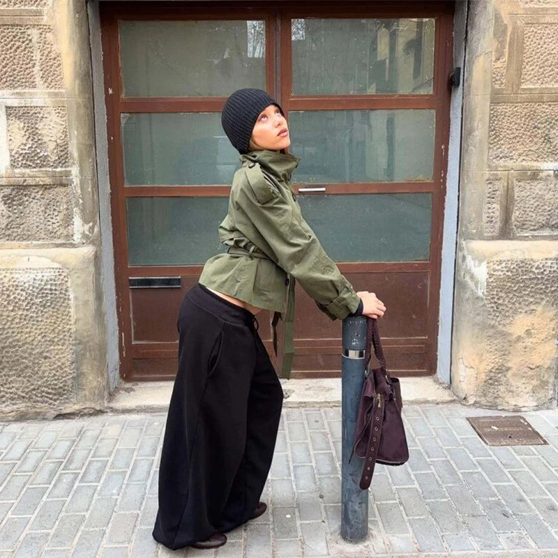 Women's Double Breasted Cropped Trench Coat - Casual Long Sleeve Outerwear for Women 8