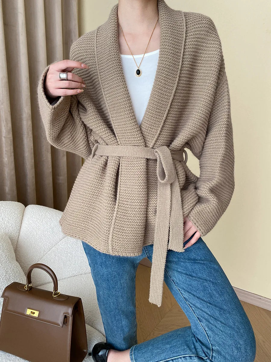 Women's Knitted Cardigan Sweater with Belt Loose Oversized Cardigans Solid Khaki Warm Lace Up Waist Fashion Coats for Women 3