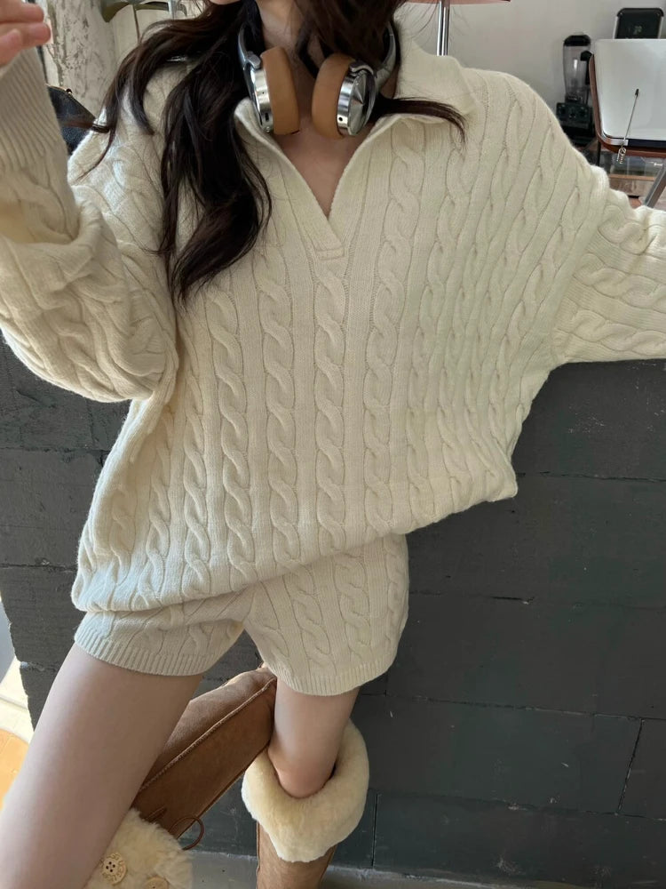 Women's Two Piece Set - Knitted Sweater and Shorts Co Ord Set with POLO Collar - Casual Matching Sets Women 2