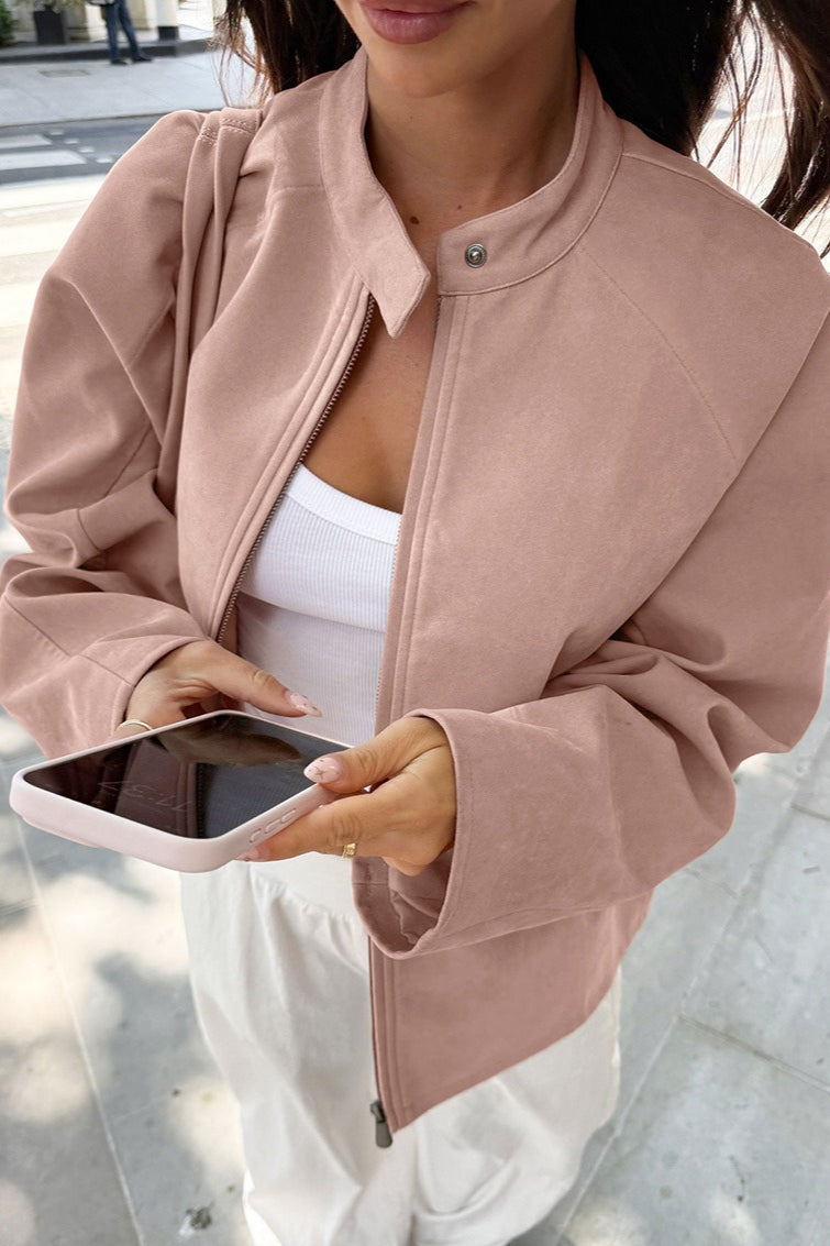 Womens Jacket - Stylish Stand Collar Long Sleeve Suede Coat in Loose Fit 0