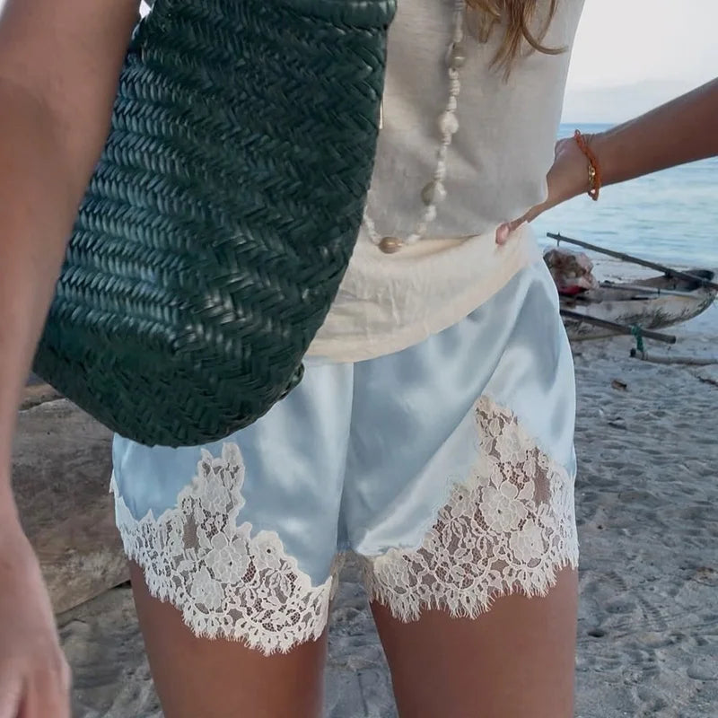 Y2k Women Satin Boxer Pajama Shorts with Lace Trim - Sleep Shorts & Pajama Short Sets 3