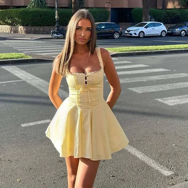 YENKYE Women's Blue Elegant Summer Mini Dress - Sleeveless A-Line Cocktail Dress with Lace-Up Back 0