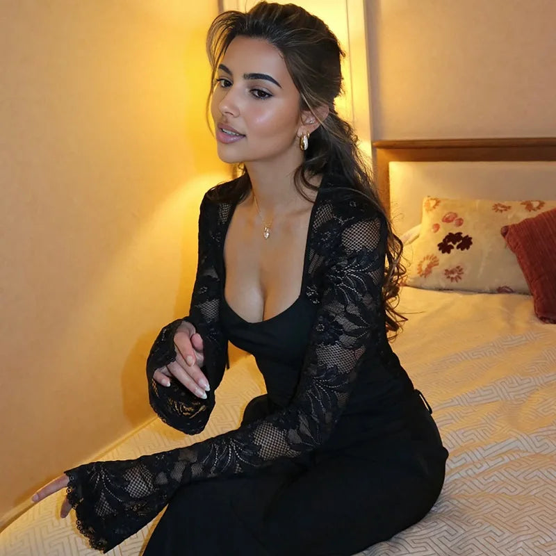 ZAROY Women's Long Sleeve Crop Top T-Shirt with Lace Patchwork Design - Slim Fit Club Wear 3