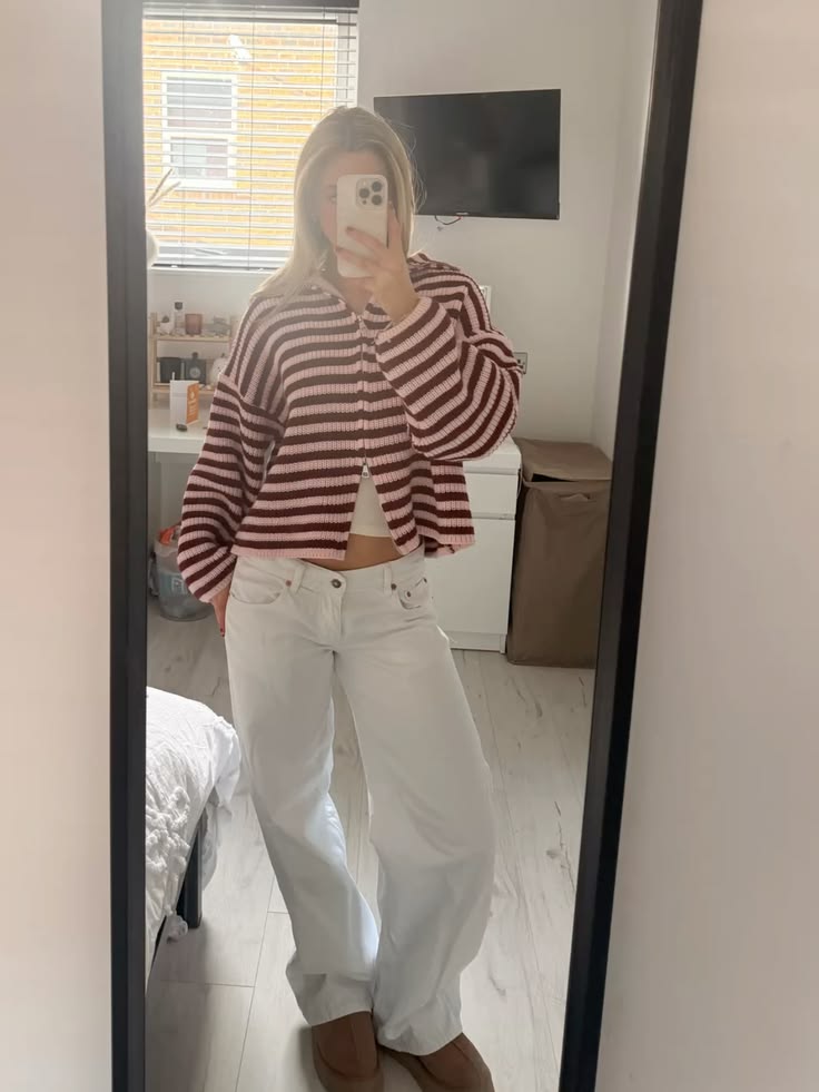 Valerie High Neck Zip-Up Cardigan in Red Stripes