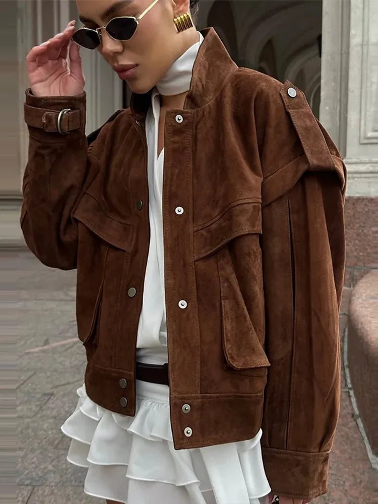 SOERA Mila Wide Shoulder Faux Suede Jacket - Jackets - SOERA-278211-M-BROWN-04515 Brown M