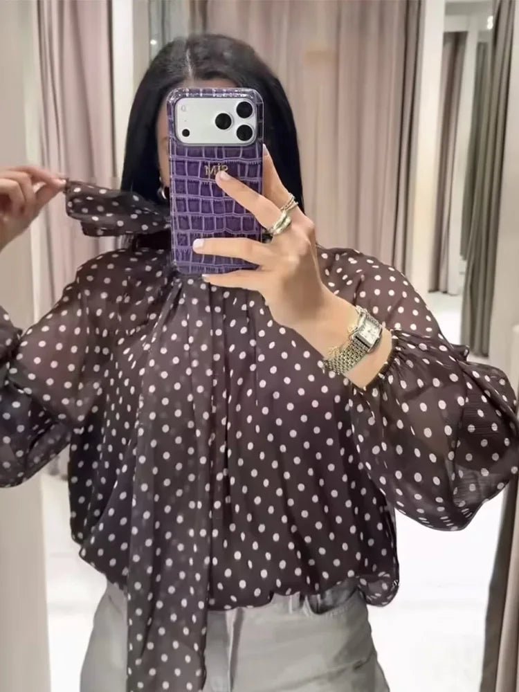 SOERA Sofia High Collar Polka Dot Blouse - Blouse -  Brown S