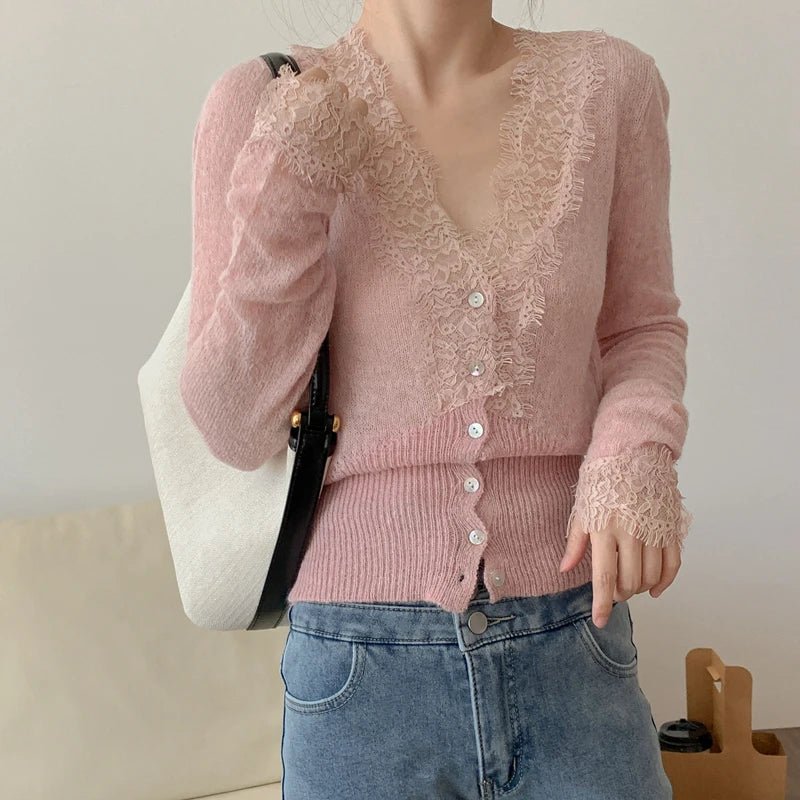 SOERA Denise V-Neck Lace Trim Cardigan - Cardigan - SOERA-517123-PIN-O-27555 Pink