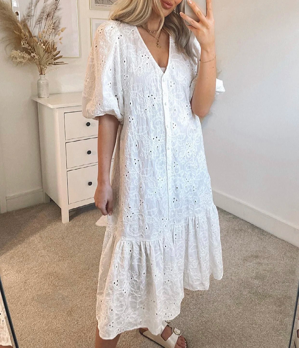 SOERA Beatrice V - Neck Embroidered Maxi Dress - Dress -  White XS