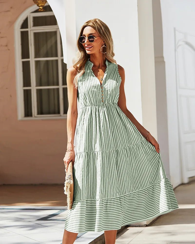 SOERA Bianca Striped V - Neck Sleeveless Shirt Dress - Dress -  Olive L