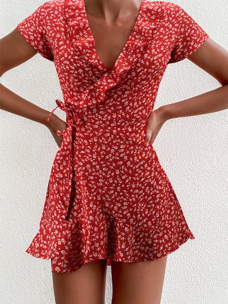 SOERA Celeste Floral V - Neck A - Line Mini Dress - Dress -  Red L
