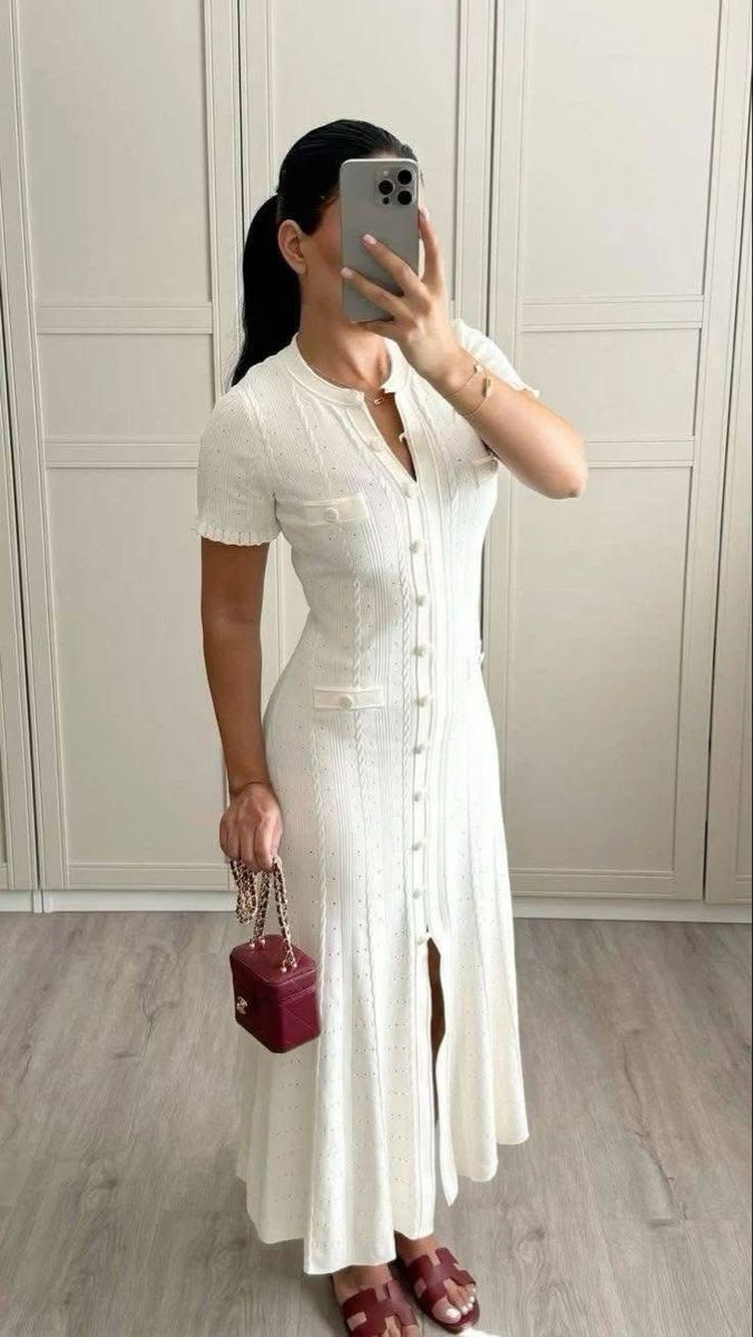 SOERA Erlinda Button - Front Knit Midi Dress - Dress -  White