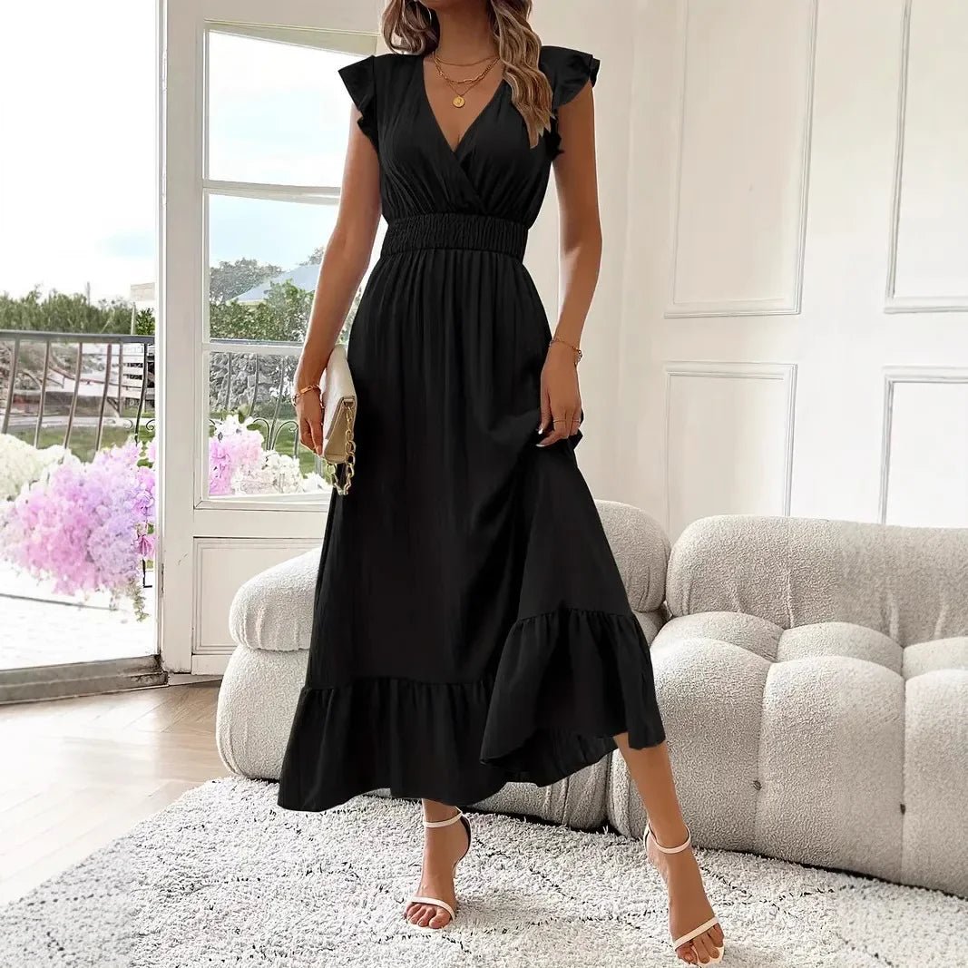 SOERA Livia Black V - Neck Ruffle Swing Dress - Dress -  Black S