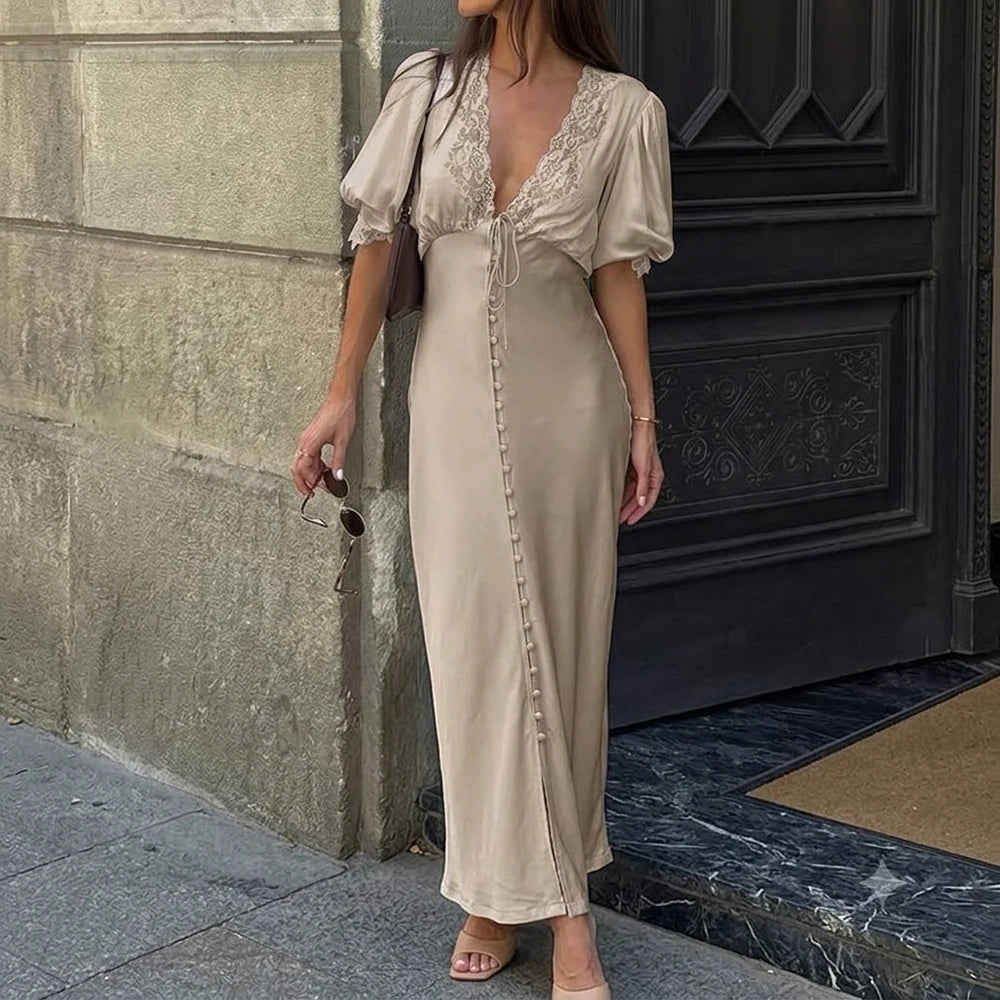 SOERA Micaela Puff Sleeve Lace-Up Maxi Dress - Dress - SOERA-307139-KHA-S-01827 Taupe S