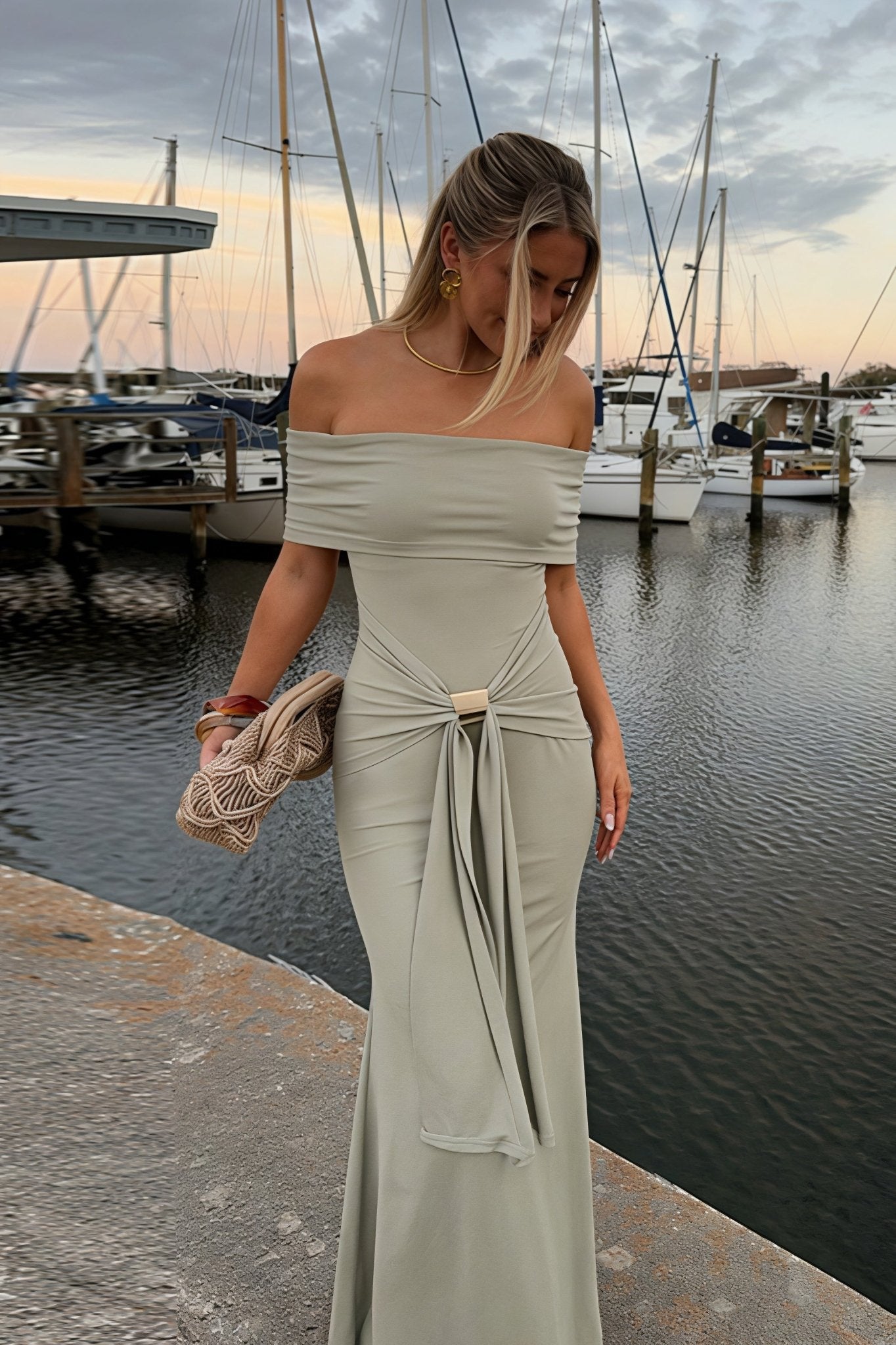 SOERA Sophia Off - Shoulder Tie Strap Bodycon Maxi Dress - Dress -  XS