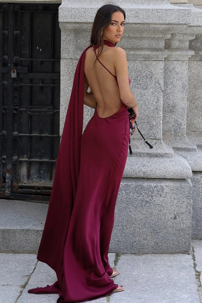 SOERA Suri Satin Halter Neck Cape Dress - Dress -  Burgundy M