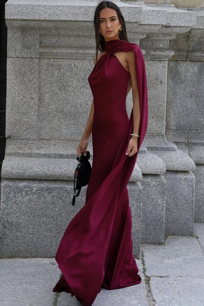 SOERA Suri Satin Halter Neck Cape Dress - Dress -  Burgundy S