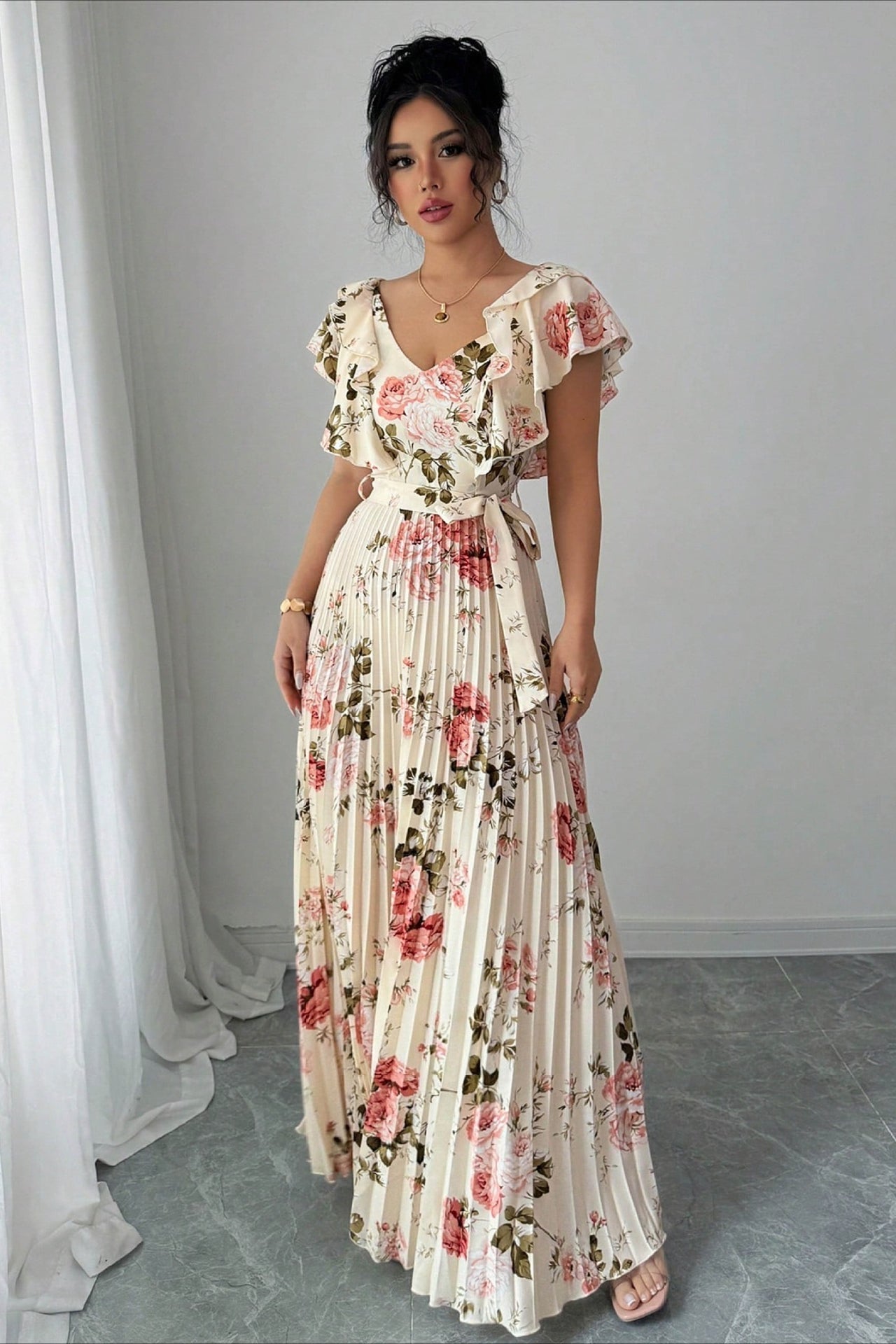 SOERA Valentina Floral V - Neck Ruffle Sleeve Maxi Dress - Dress -  Beige XS