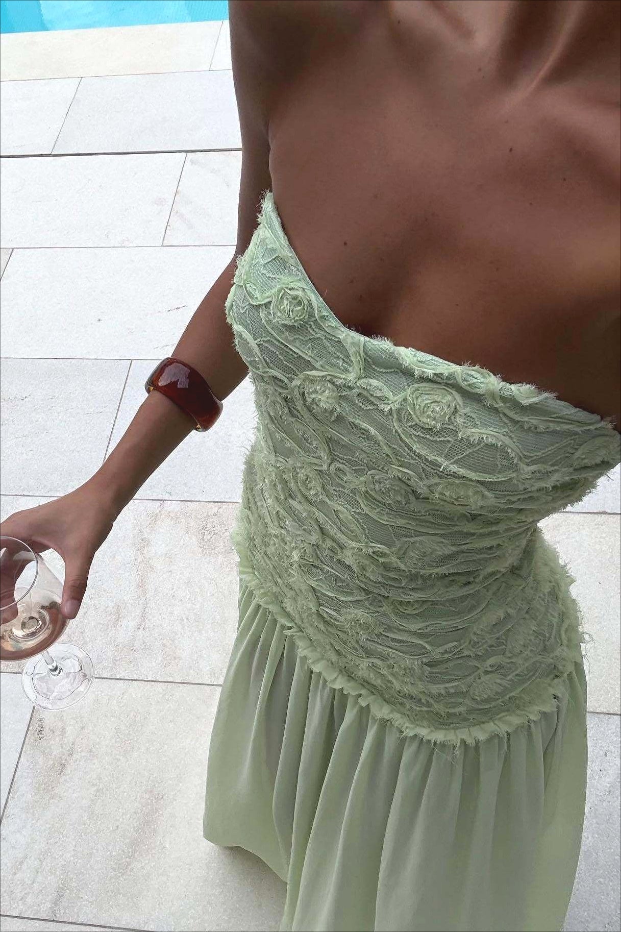 SOERA Victoria Strapless Floral Lace Maxi Dress - Dress -  Sage Green XS