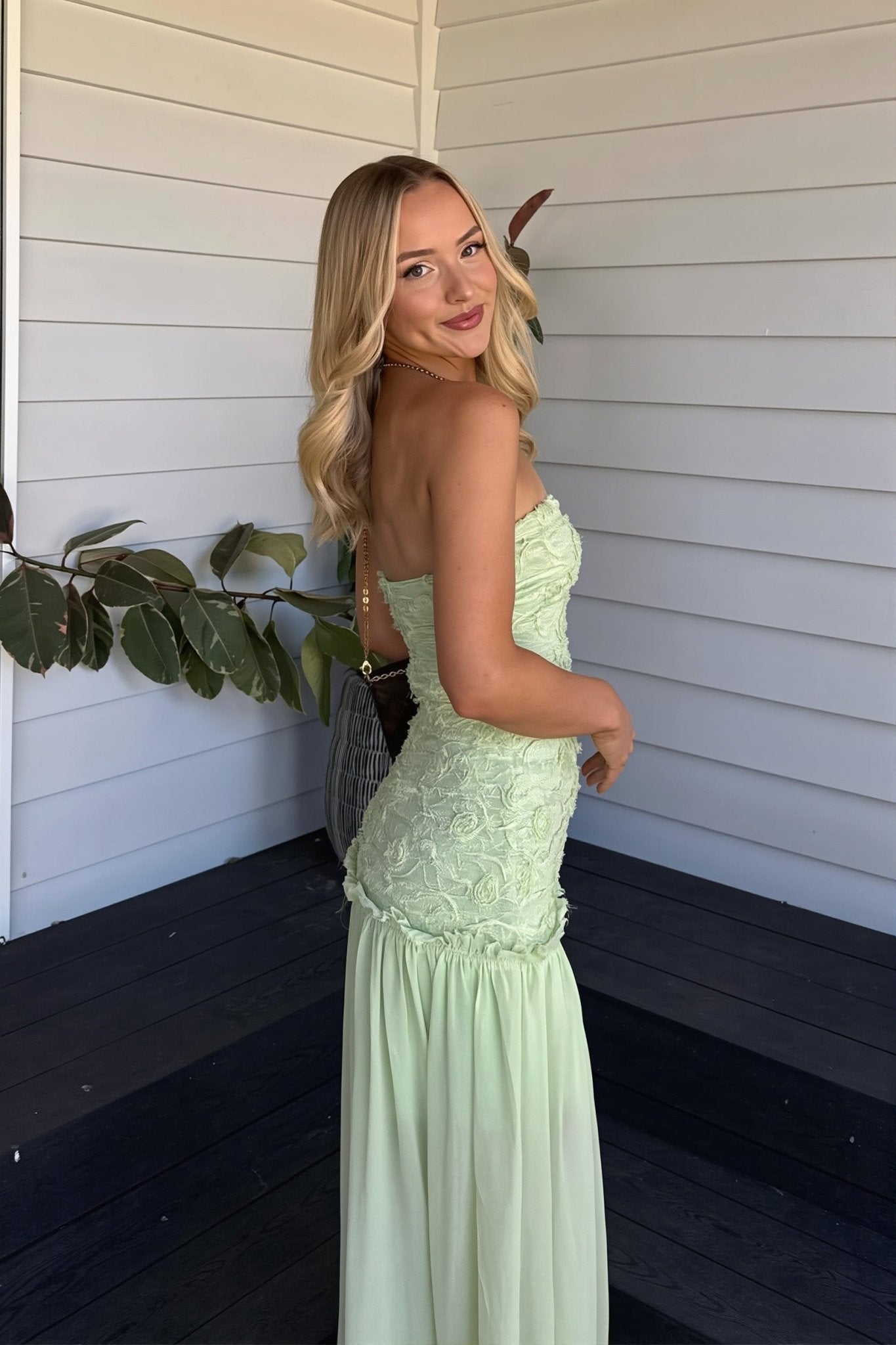 SOERA Victoria Strapless Floral Lace Maxi Dress - Dress -  Sage Green XS
