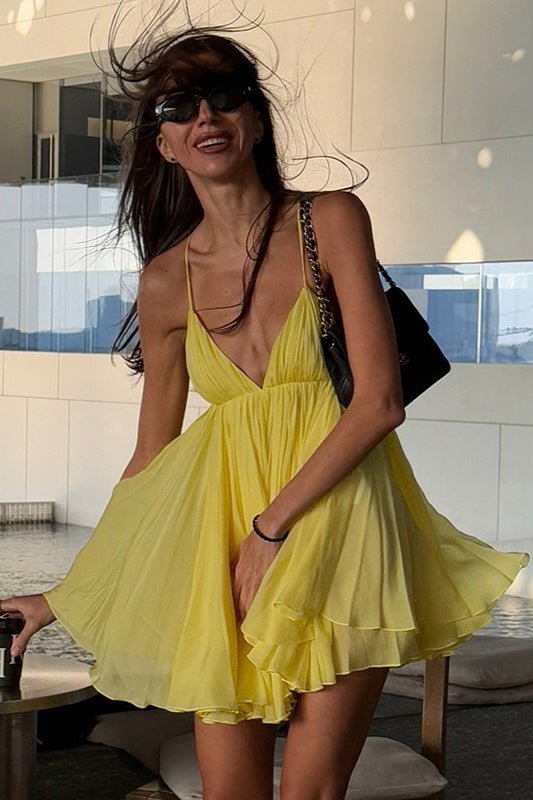 SOERA Abigail V Neck Layered Mini Dress - Dresses -  Yellow M