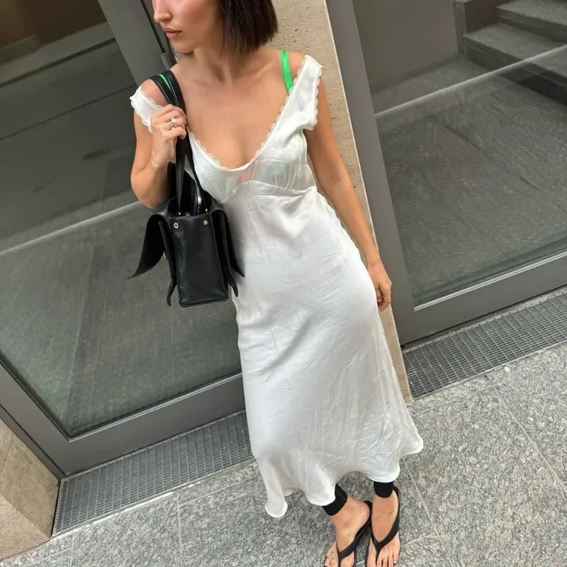 SOERA Bellina Plunged Neck Satin Midi Dress - Dresses - 1005009676445513-;jZ1775377923652536665 M