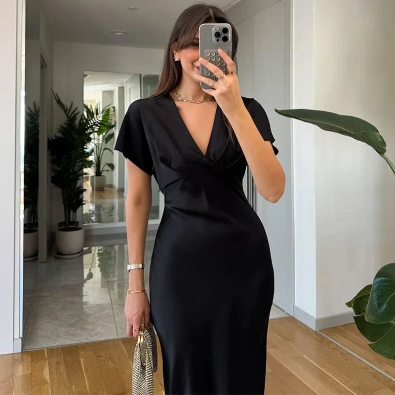 SOERA Janna V Neck Satin Midi Dress - Dresses - 1005009335625629-;RY1771345061657427100 Black M