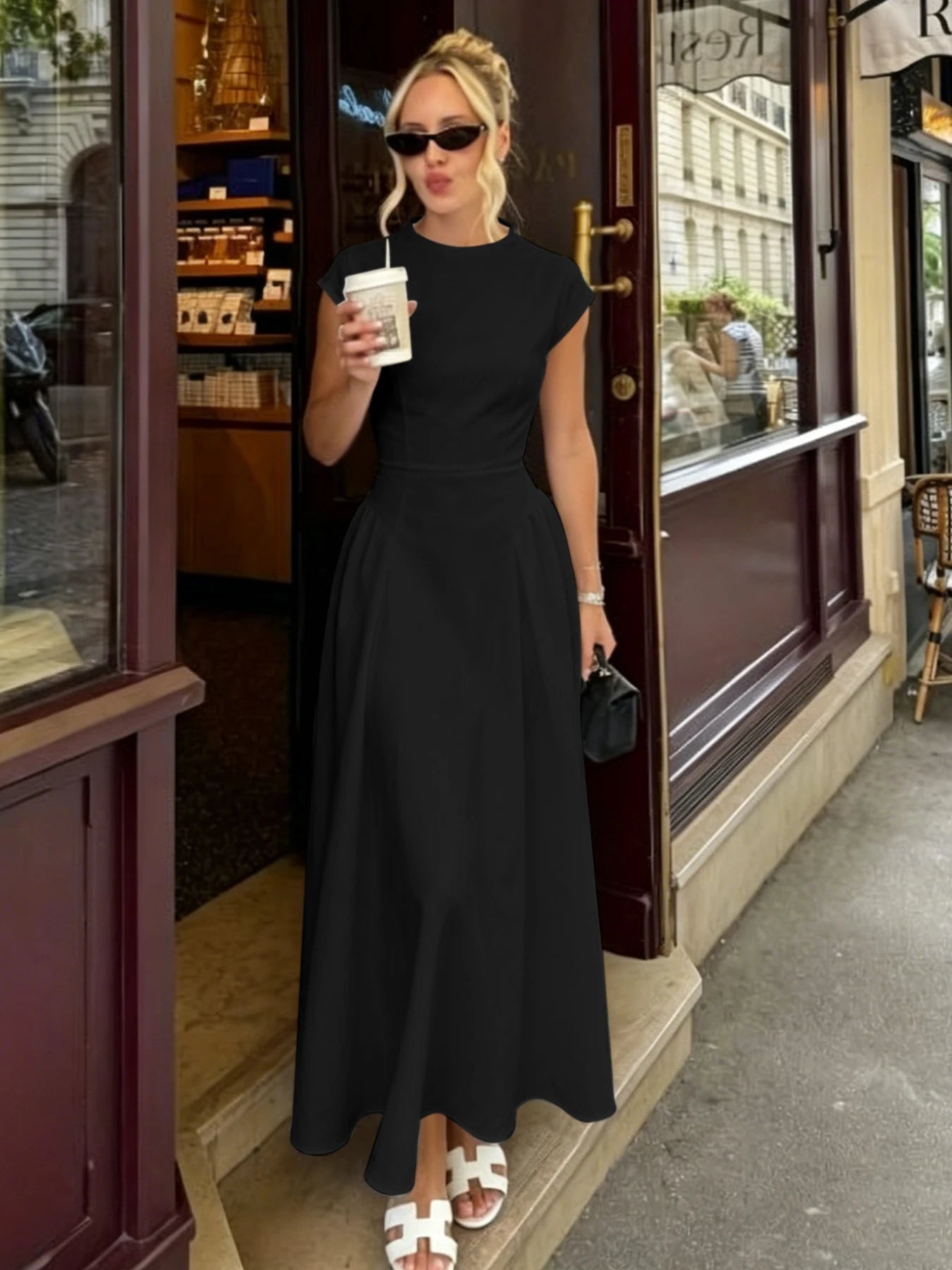 SOERA Ruby Flare Maxi Dress with Cap Sleeves - Dresses -  Black XS