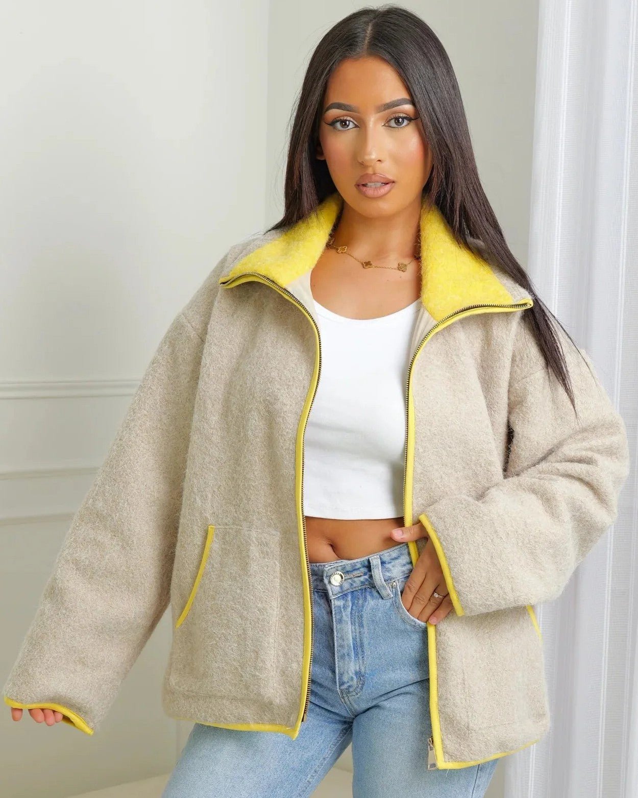 SOERA Miriam Stand Collar Contrast Knit Pilot Jacket - Jacket - SOERA-197059-BEI-S-76803 Gray S