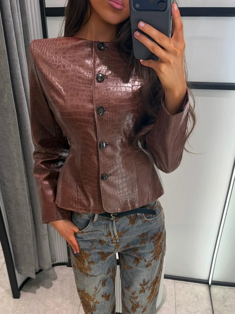 SOERA Sandra Croc Embossed Faux Leather Jacket - Jacket - SOERA-971523-BRO-M-91139 Brown M
