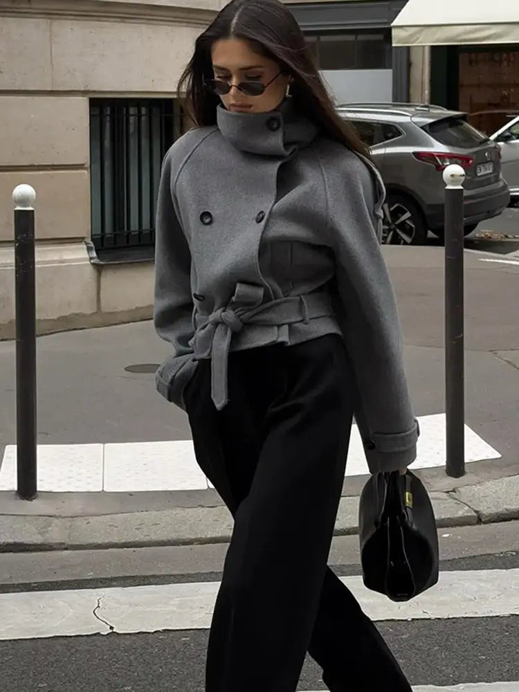 SOERA Debbie Stand Collar Short Trench Coat - Jackets - 1005010585967410-;Yc1773321574175439571 Gray M