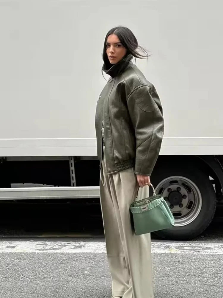 SOERA Gina Faux Leather Bomber Jacket - Jackets - kn1774532669739495476 Khaki S