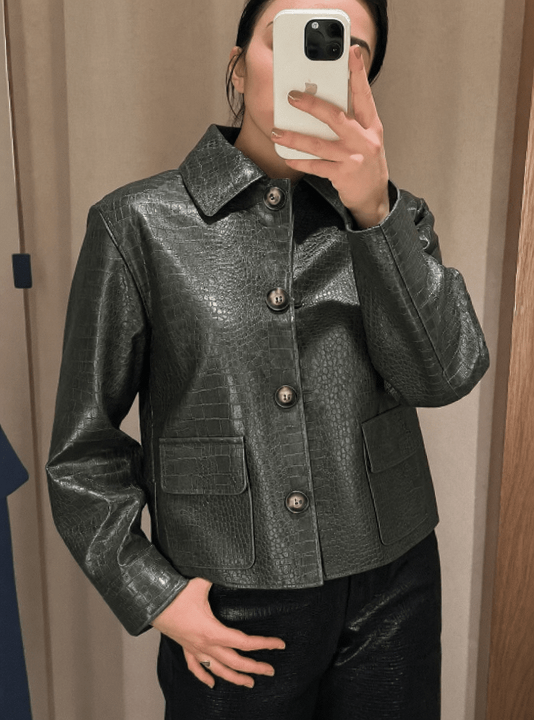 SOERA Svea Crocodile Embossed Vegan Leather Jacket - Jackets - SOERA-382403-GRE-M-11043 Green M