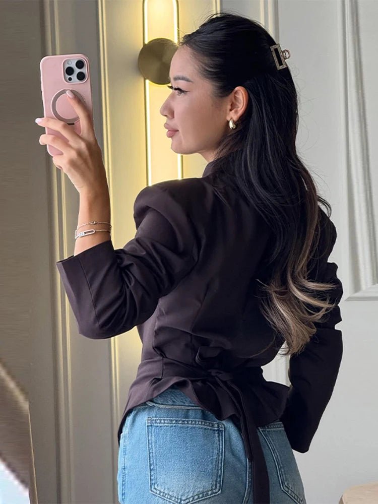 SOERA Tricia Structured Shoulder Cinched Blazer - Jackets - 1005011660132024-;qf1772045930022570680 Brown S