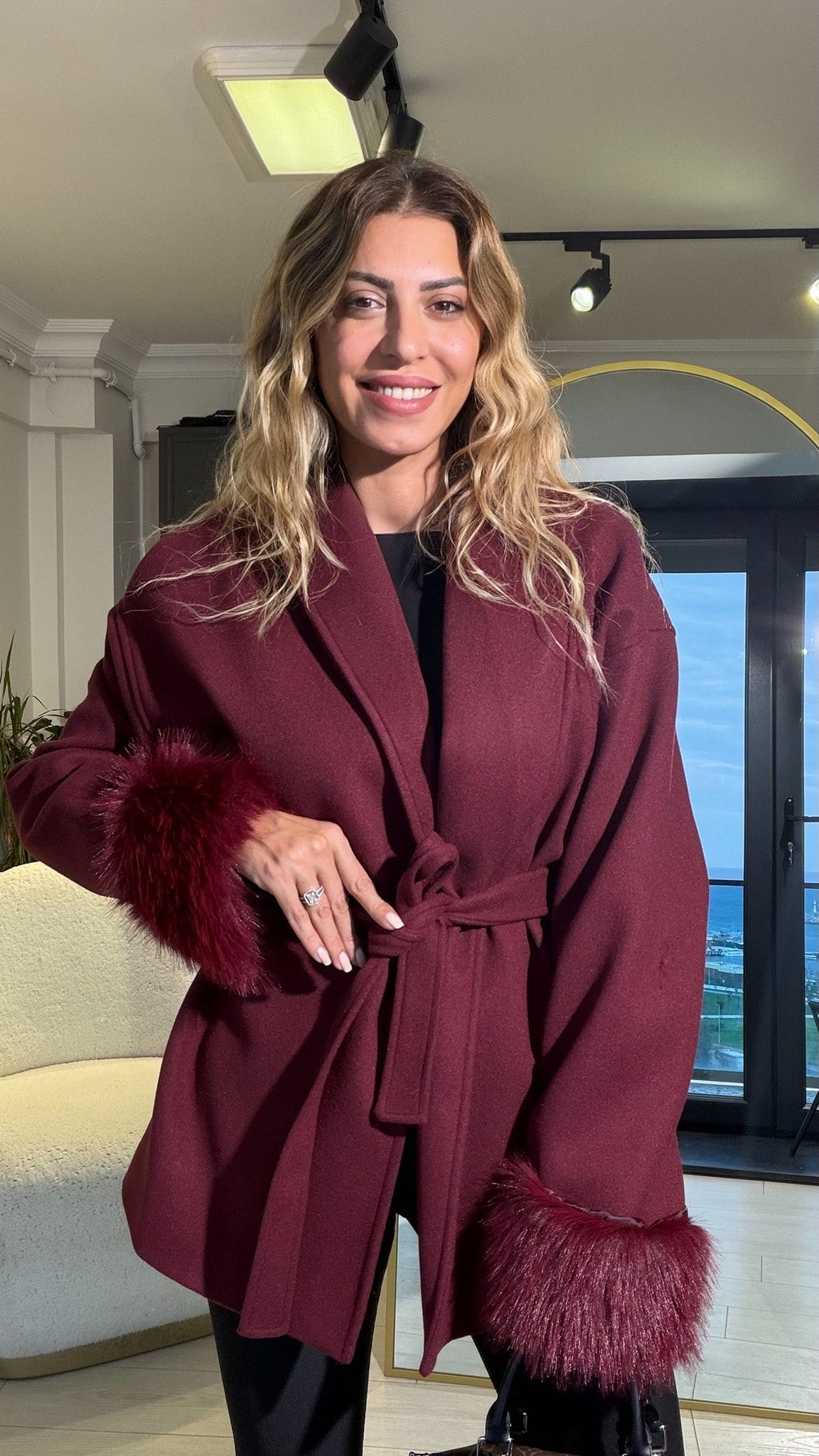 SOERA Wool Wrap Coat with Fox Fur Cuff - Jackets - 3256809512722732-;qE1766845283309044687 Short Burgundy S