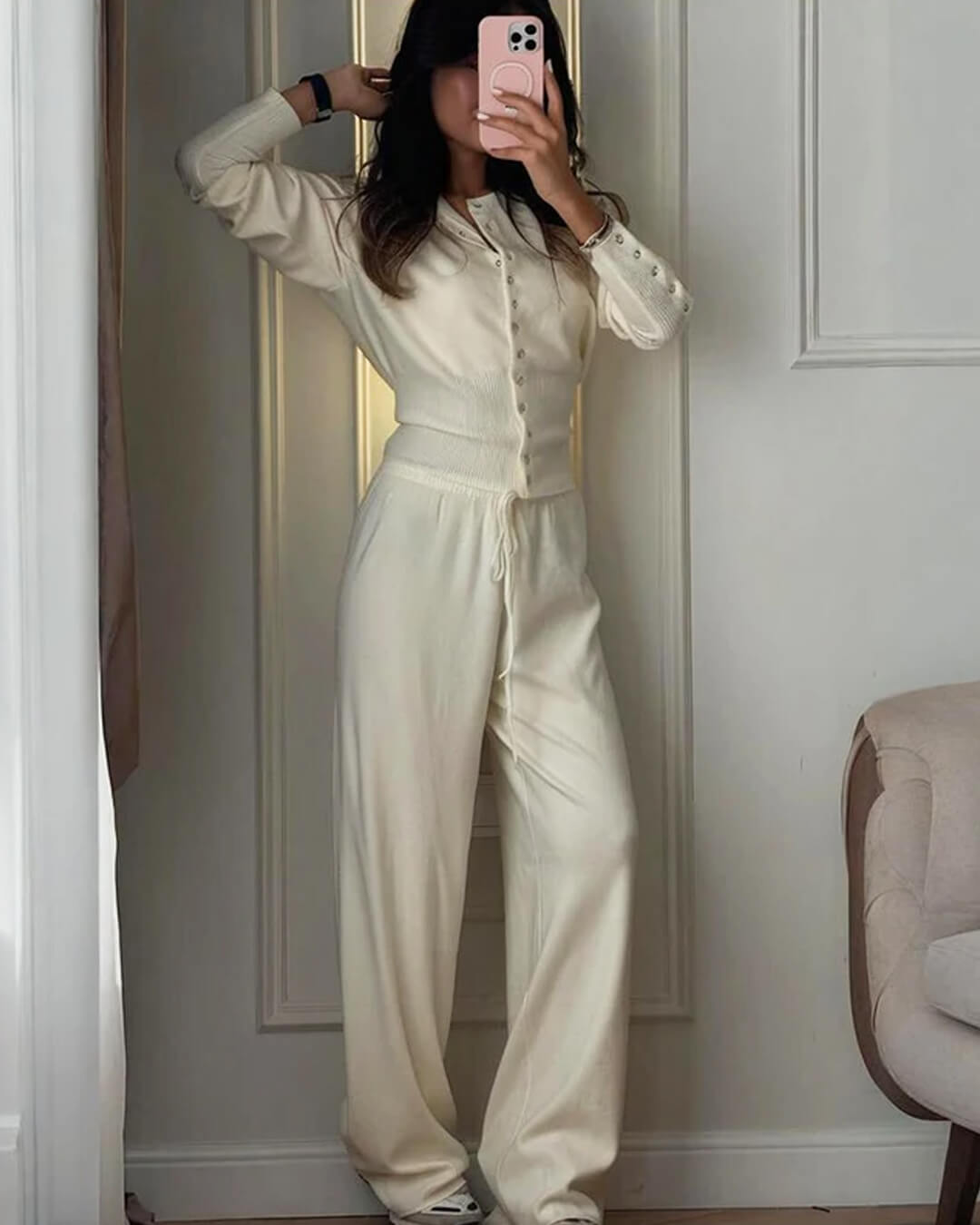 SOERA Aimee Knitted Cardigan and Trousers Set - Matching Sets - 1005010028328385-;hz1769414229240383495 White S