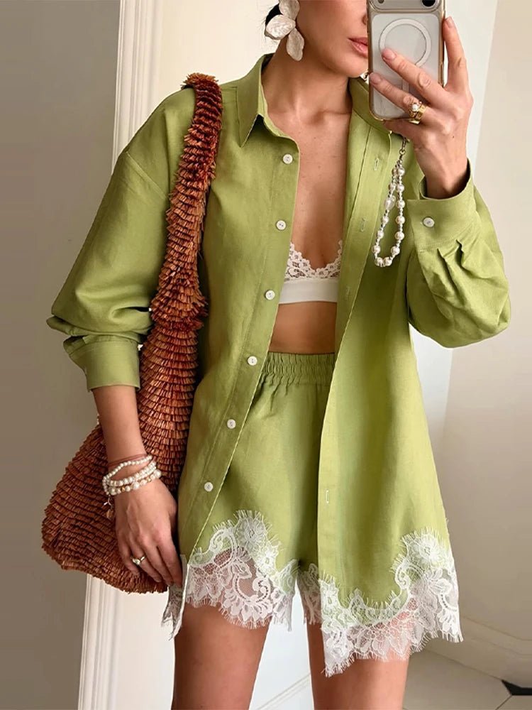 SOERA Celeste Lace Patchwork Beach Shirt Set - Matching Sets -  Green M