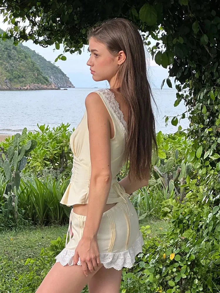 SOERA Klarissa Lace Trim Mini Skirt Set - Matching Sets - 1005008934870834-;NC1771582049197024306 Top Yellow