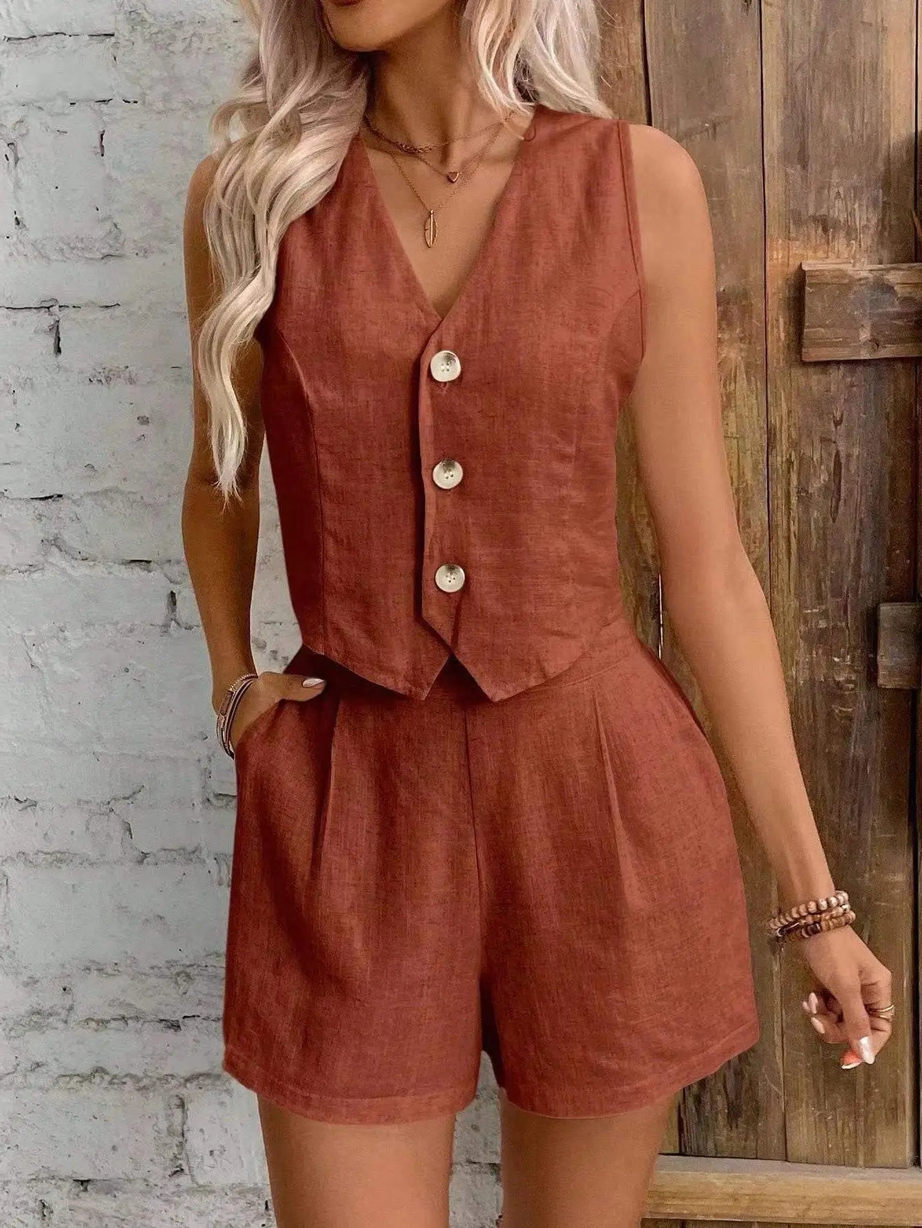 SOERA Lumi Cotton Linen Two Piece Set - Matching Sets -  Rusty Brown S